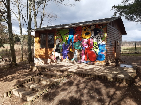 Spielzeugschuppen mit Graffiti